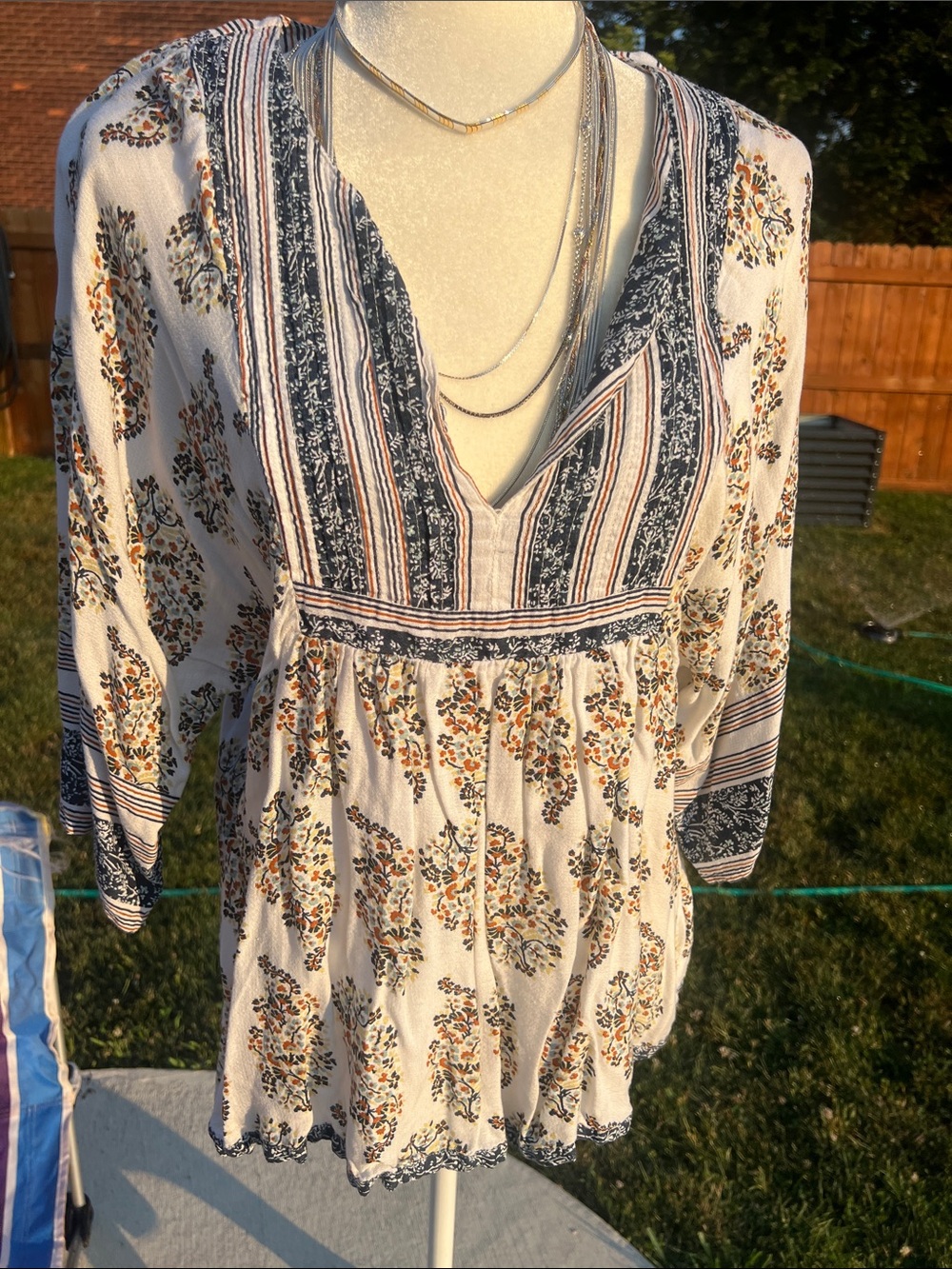 Lucky Brand Cream Floral Peasant Blouse with Navy Trim